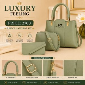 Green Rexine 3-Piece Handbag Set for Women | Premium Tote Bag with Wallet & Cosmetic Pouch