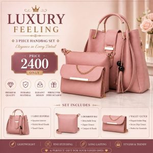 Pink Women's 3-Piece PU Leather Handbag Set | Premium Tote Bag with Wallet & Cosmetic Pouch