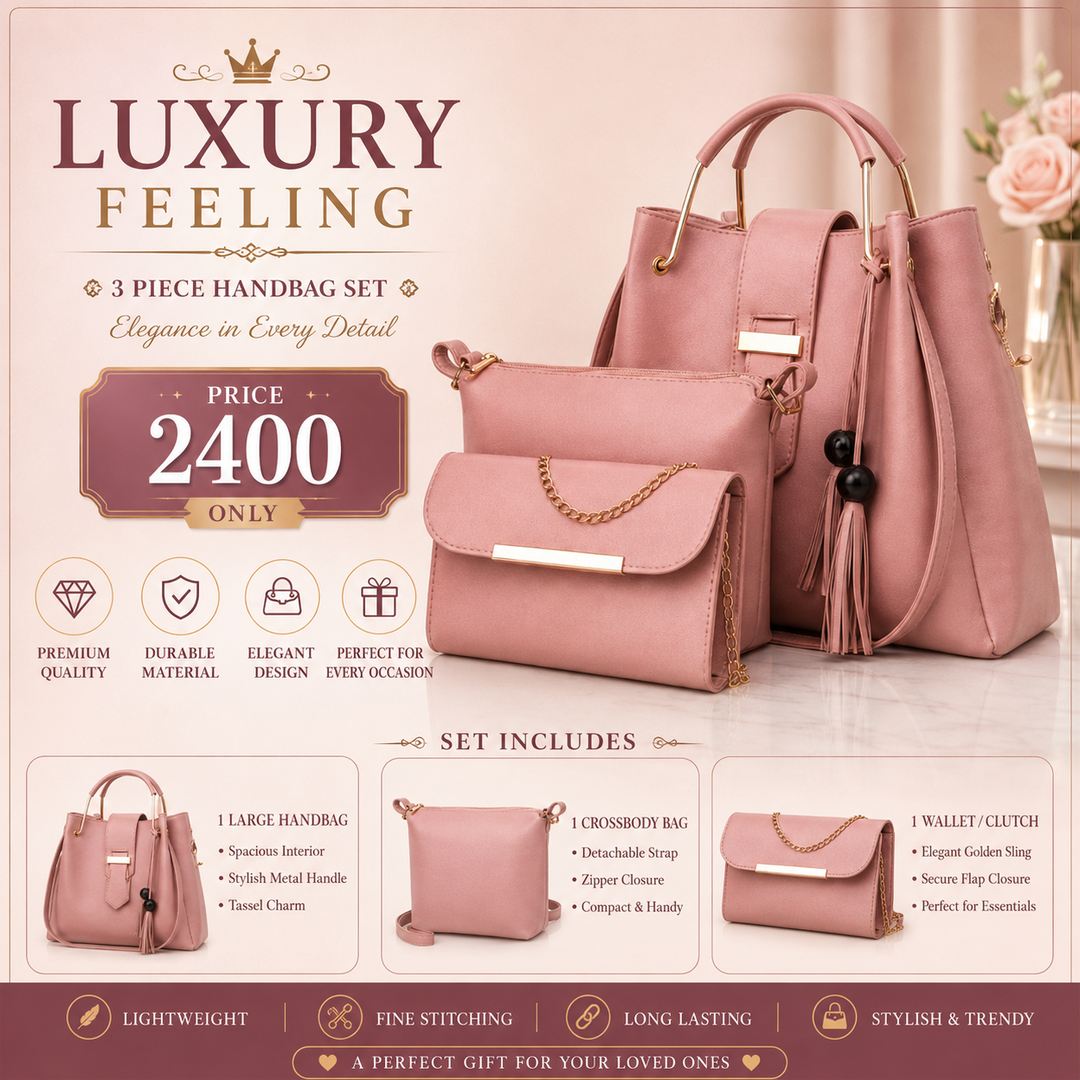 Pink Women's 3-Piece PU Leather Handbag Set | Premium Tote Bag with Wallet & Cosmetic Pouch