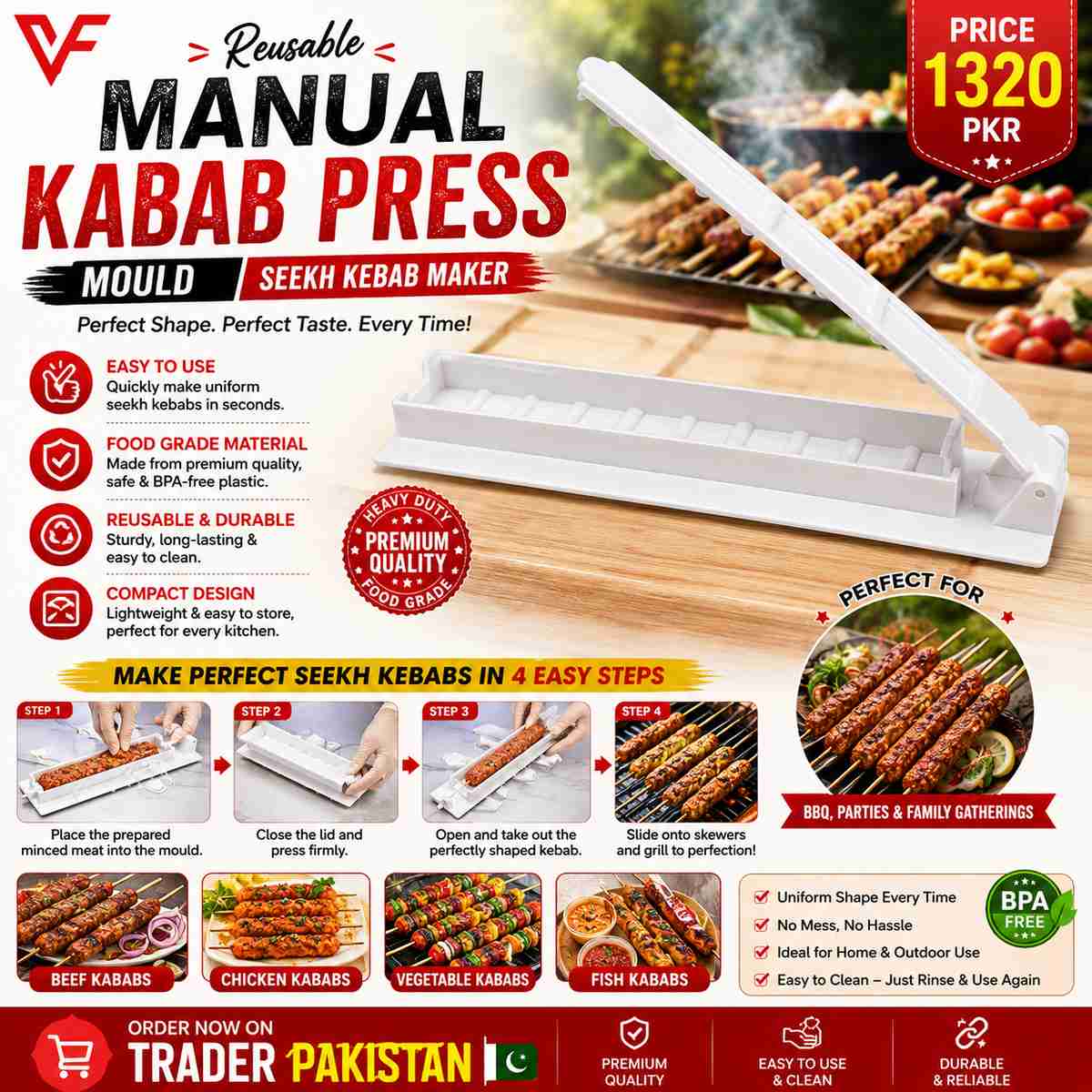 Reusable Manual Kebab Press Mould โ Heavy-Duty Seekh Kebab Maker for Homemade BBQ & Grilling