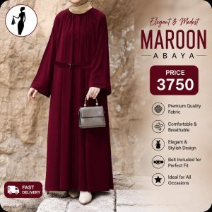 Burgundy Georgette Full Abaya with Belt for Women | Maroon Modest Wear Abaya