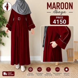 Front Platted Zip Piping Work Abaya with Separate Belt, Pockets & Stroller | Maroon Abaya for Women