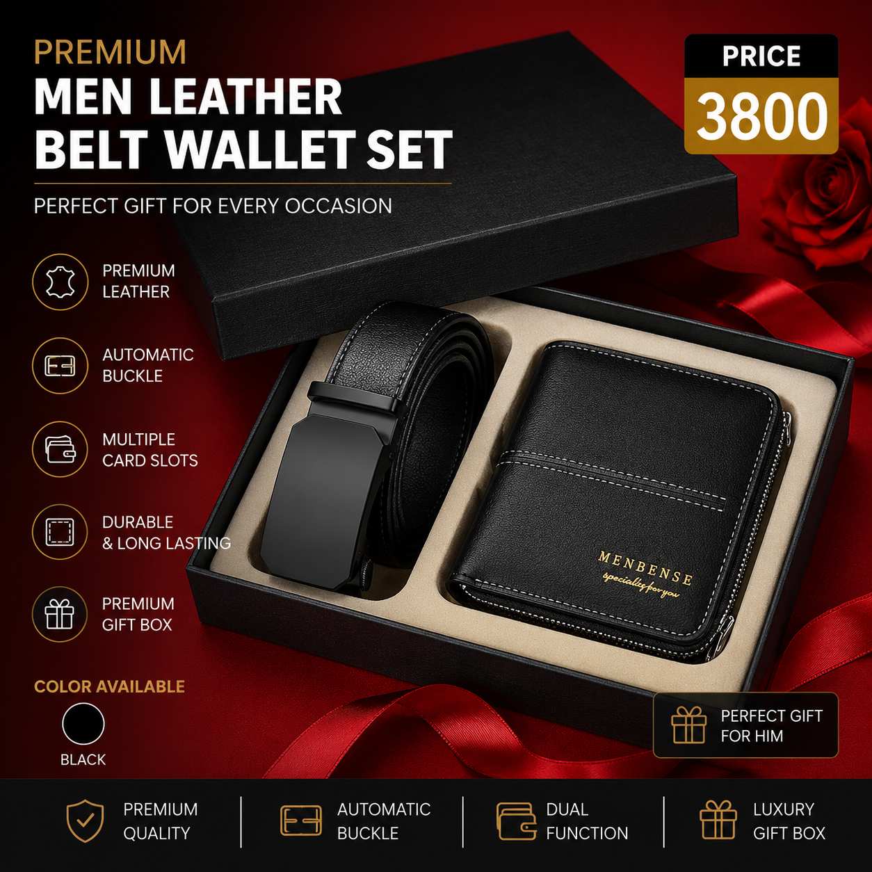 Men's Leather Belt & Wallet Gift Set – Premium Black Automatic Buckle Belt with Leather Wallet in Gift Box