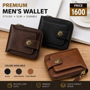 Premium Men's Zipper Bifold Wallet – Stylish Leather Wallet with Multiple Card Slots & Secure Zip Pocket | Black, Dark Brown & Light Brown