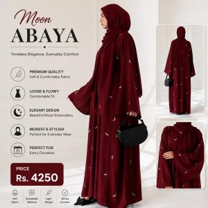 Maroon Georgette Embroidered Abaya with Moon Design | Elegant Embroidered Abaya for Women