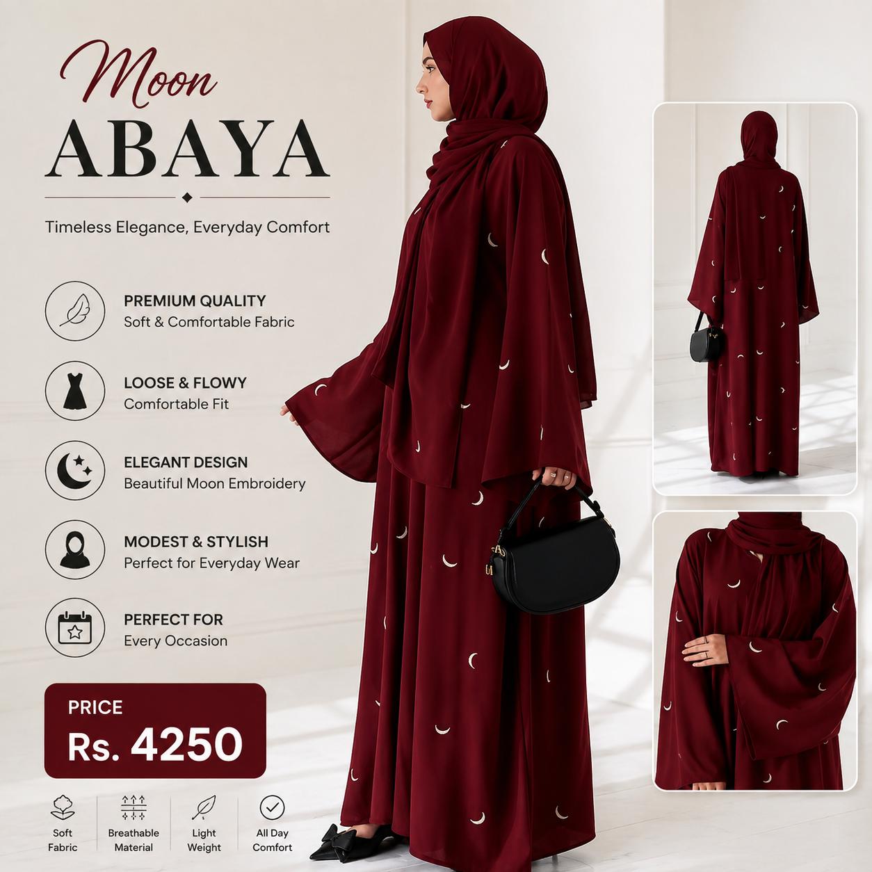 Maroon Georgette Embroidered Abaya with Moon Design | Elegant Embroidered Abaya for Women