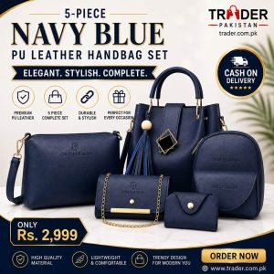 5-Piece Navy Blue PU Leather Handbag Set for Women | Premium Tote Bag with Shoulder Bag, Wallet & Pouches
