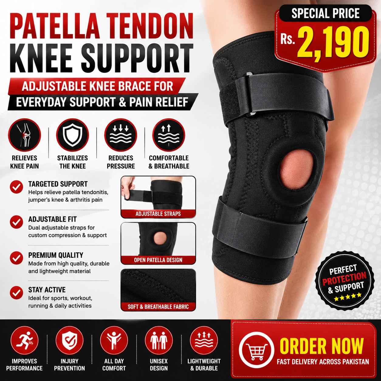 Patella Tendon Knee Support Black – Adjustable Knee Brace for Everyday Support