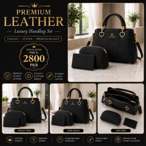 Black Leather 3-Piece Women's Handbag Set | Premium Tote Bag with Wallet & Cosmetic Pouch for Ladies