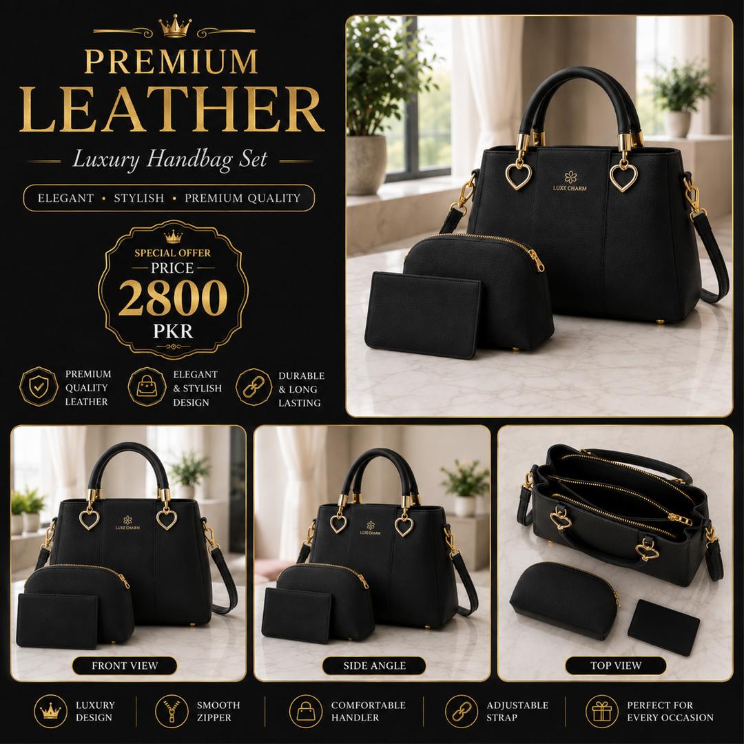 Black Leather 3-Piece Women's Handbag Set | Premium Tote Bag with Wallet & Cosmetic Pouch for Ladies