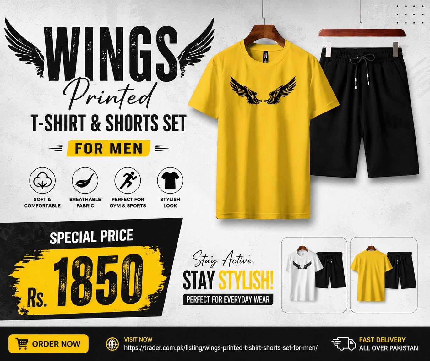 Wings Printed T-Shirt & Shorts Set for Men