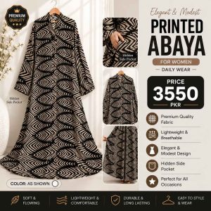 Georgette Printed Classic Abaya for Women | Black & White Printed Abaya with Hidden Pocket