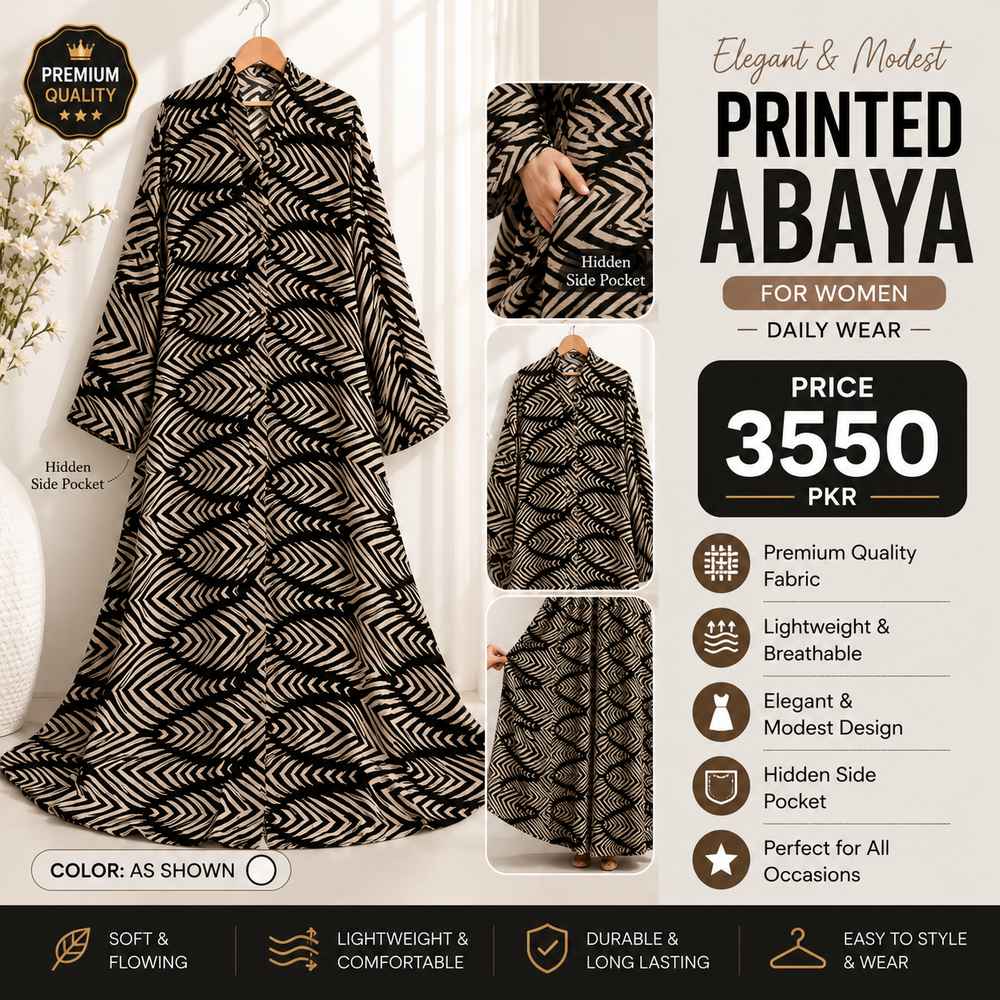 Georgette Printed Classic Abaya for Women | Black & White Printed Abaya with Hidden Pocket