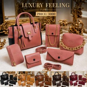 4-Piece Leather Handbag Set for Girls & Women | Premium Handbag, Crossbody Bag, Wallet & Clutch – Maroon, Black, Brown & Grey