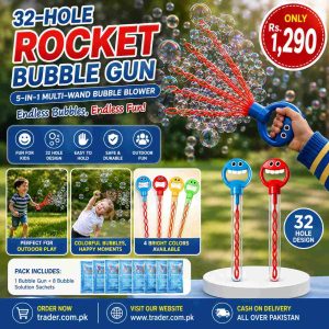 32-Hole Rocket Bubble Gun – 5-in-1 Multi-Wand Bubble Blower for Kids
