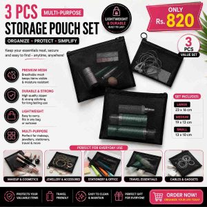 3 Pcs Multi-Purpose Storage Pouch Set – Makeup, Jewellery & Stationery Organizer