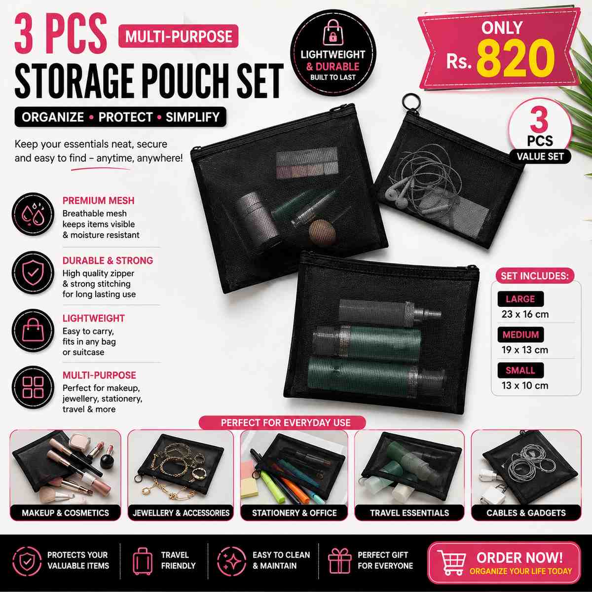 3 Pcs Multi-Purpose Storage Pouch Set โ Makeup, Jewellery & Stationery Organizer