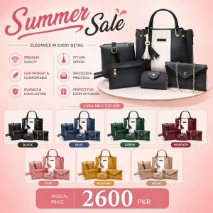 Women's Rexine Handbag Set 5 Pcs Top Handle – Premium Ladies Handbag Set with Shoulder Bag, Wallet & Clutch for Women in Pakistan