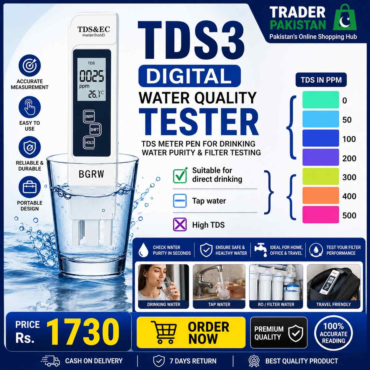TDS3 Digital Water Quality Tester – TDS Meter Pen for Drinking Water Purity & Filter Testing