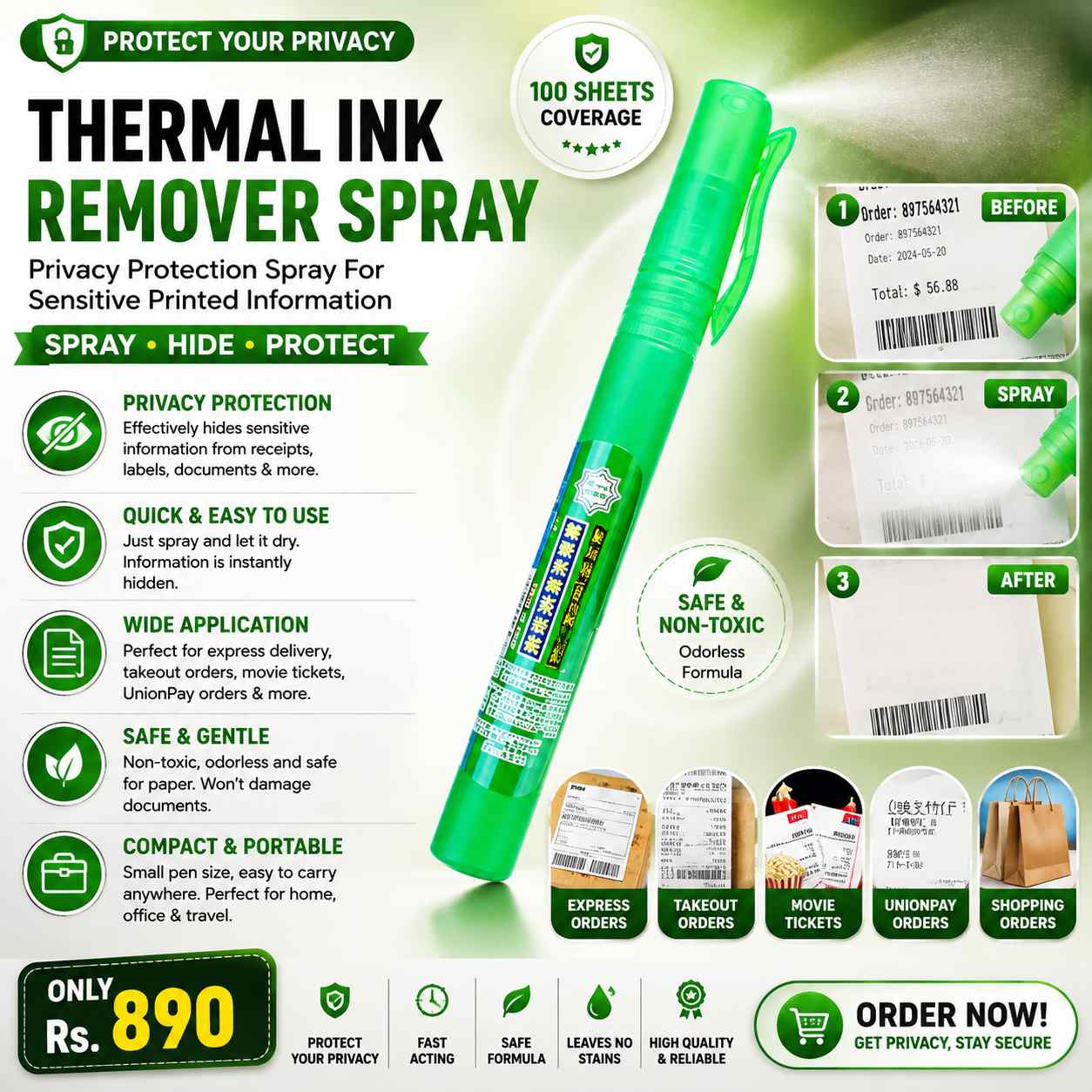 Thermal Ink Remover Spray – Privacy Protection Spray for Sensitive Printed Information