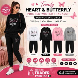 Trendy Heart & Butterfly Printed Winter Tracksuit for Women & Girls – Thick Fleece Sweatshirt & Trouser Set