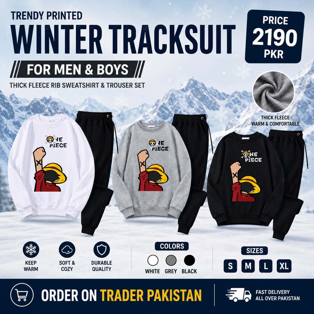 Trendy Printed Winter Tracksuit for Men & Boys โ Thick Fleece Rib Sweatshirt & Trouser Set