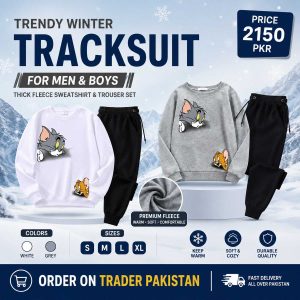 Grey & White Trendy Winter Tracksuit for Men & Boys – Thick Fleece Sweatshirt & Trouser Set