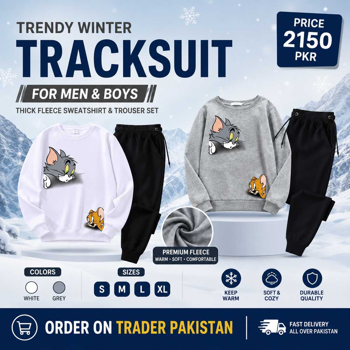 Grey & White Trendy Winter Tracksuit for Men & Boys โ Thick Fleece Sweatshirt & Trouser Set