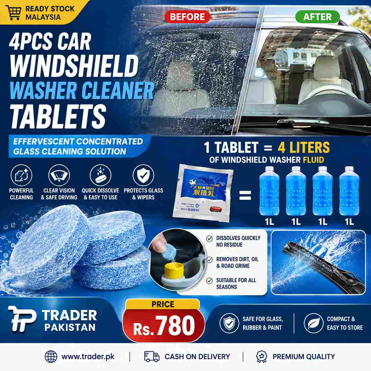 4PCS Car Windshield Washer Cleaner Tablets โ Effervescent Concentrated Glass Cleaning Solution