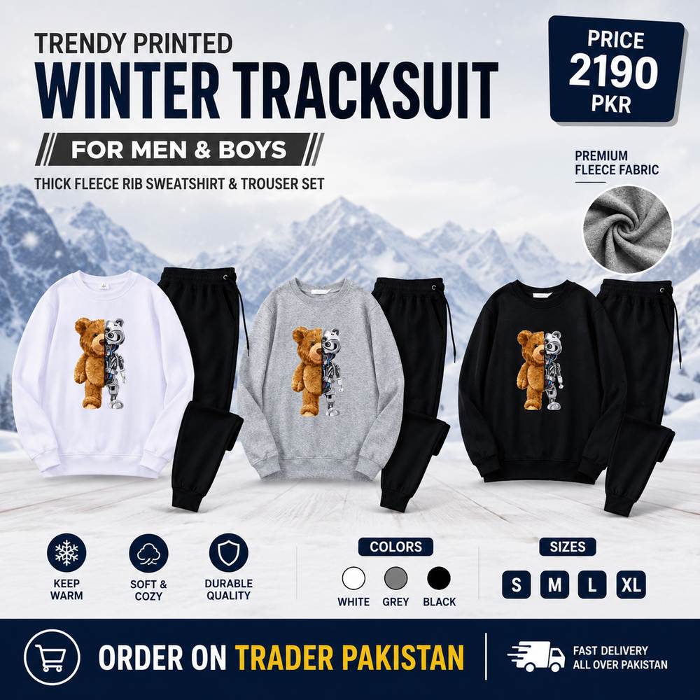 Trendy Printed Winter Tracksuit for Men & Boys โ Thick Fleece Rib Sweatshirt & Trouser Set