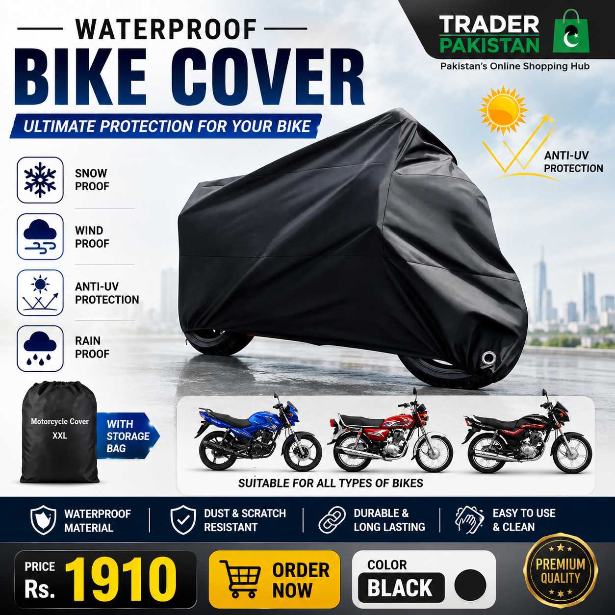 Black Bike Cover โ Waterproof Motorcycle Protection Cover for Dust, Sun, Rain & Outdoor Parking