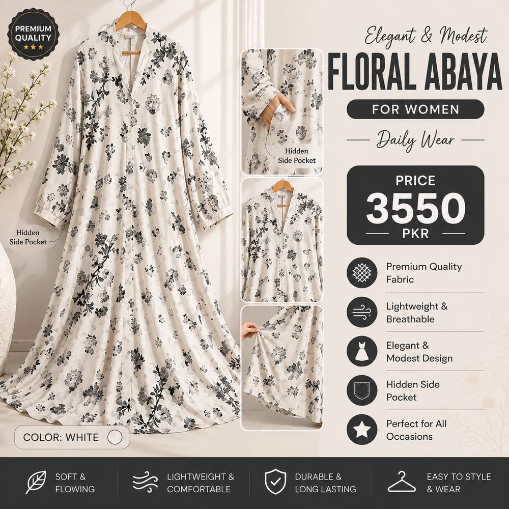 Georgette Printed Classic Abaya for Women | Floral Print Abaya with Hidden Side Pocket