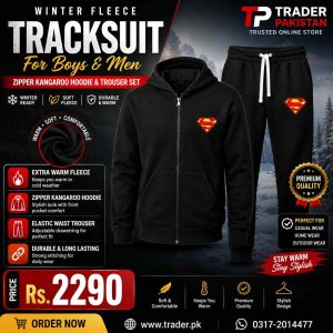 Black Winter Fleece Tracksuit for Boys & Men – Zipper Kangaroo Hoodie & Trouser Set