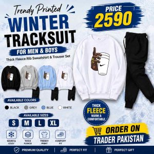 Trendy Printed Winter Tracksuit for Men & Boys – Thick Fleece Rib Sweatshirt & Trouser Set