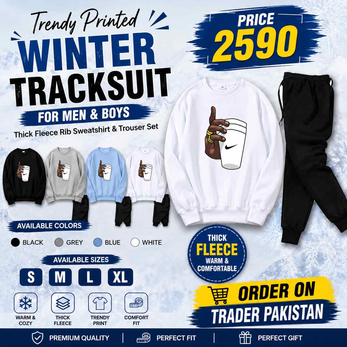 Trendy Printed Winter Tracksuit for Men & Boys โ Thick Fleece Rib Sweatshirt & Trouser Set