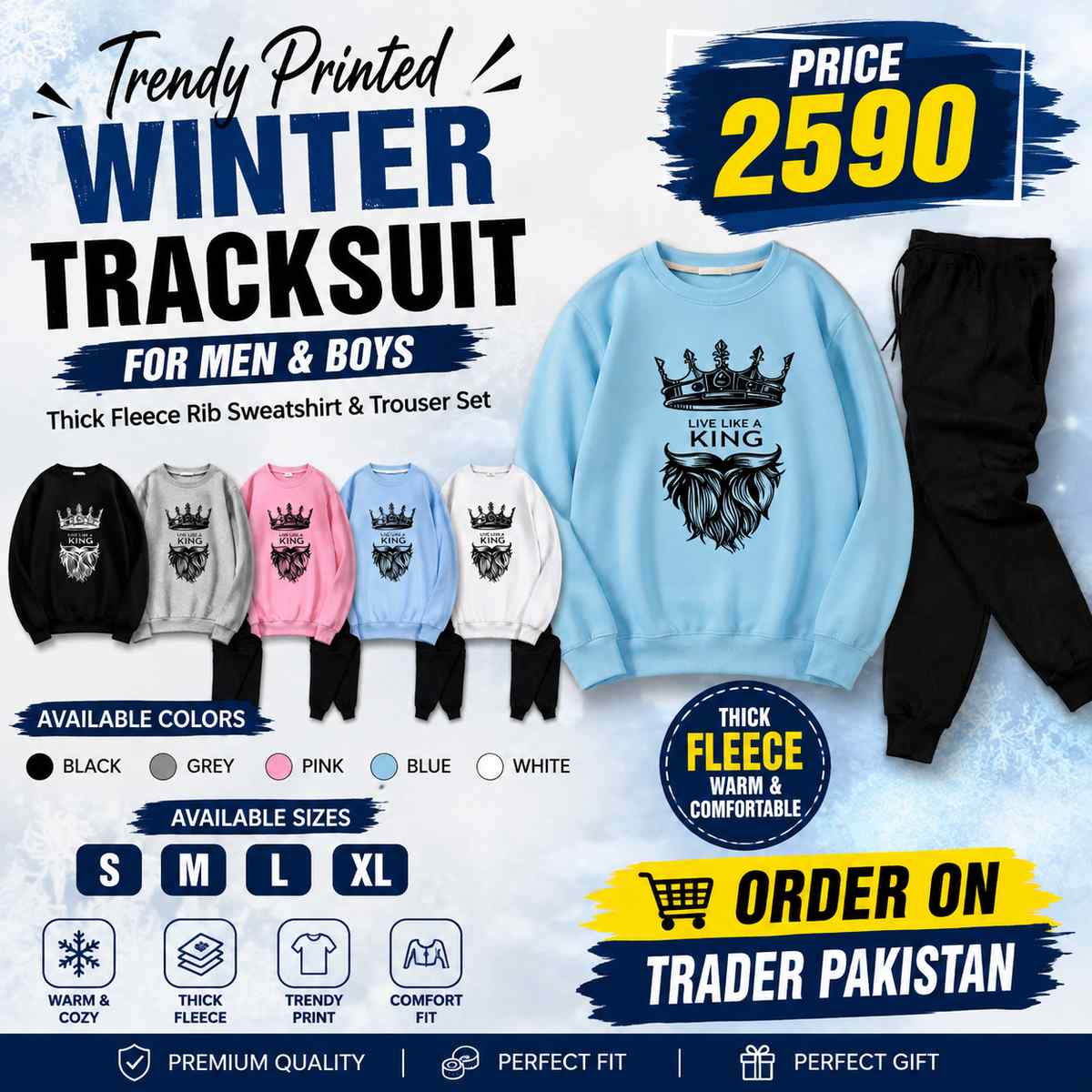 Trendy Printed Winter Tracksuit for Men & Boys โ Thick Fleece Rib Sweatshirt & Trouser Set