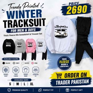 Trendy Printed Winter Tracksuit for Men & Boys – Thick Fleece Rib Sweatshirt & Trouser Set
