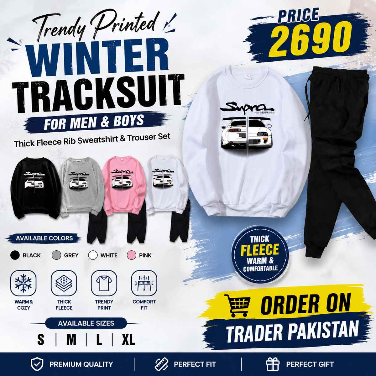 Trendy Printed Winter Tracksuit for Men & Boys โ Thick Fleece Rib Sweatshirt & Trouser Set