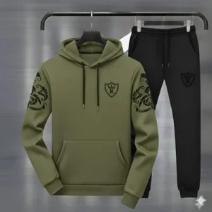 Men Royal Crest Green & Black Fleece Hoodie Track Suit – Stylish Warm Winter Sportswear