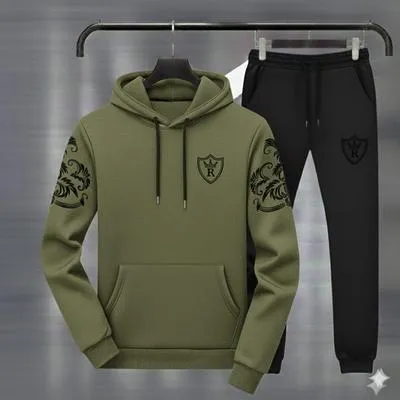 Men Royal Crest Green & Black Fleece Hoodie Track Suit – Stylish Warm Winter Sportswear