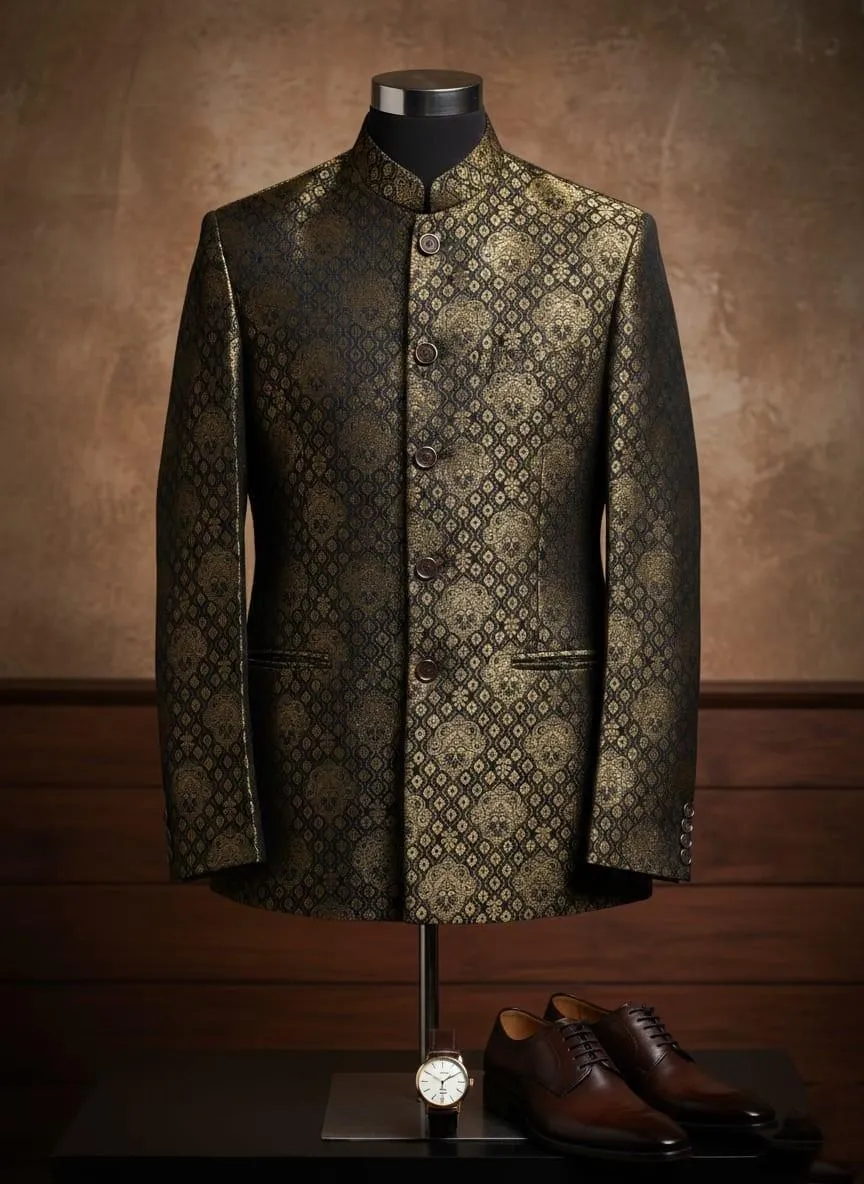 Men's Embroidered Kurta Brown Patterned Traditional Pakistani