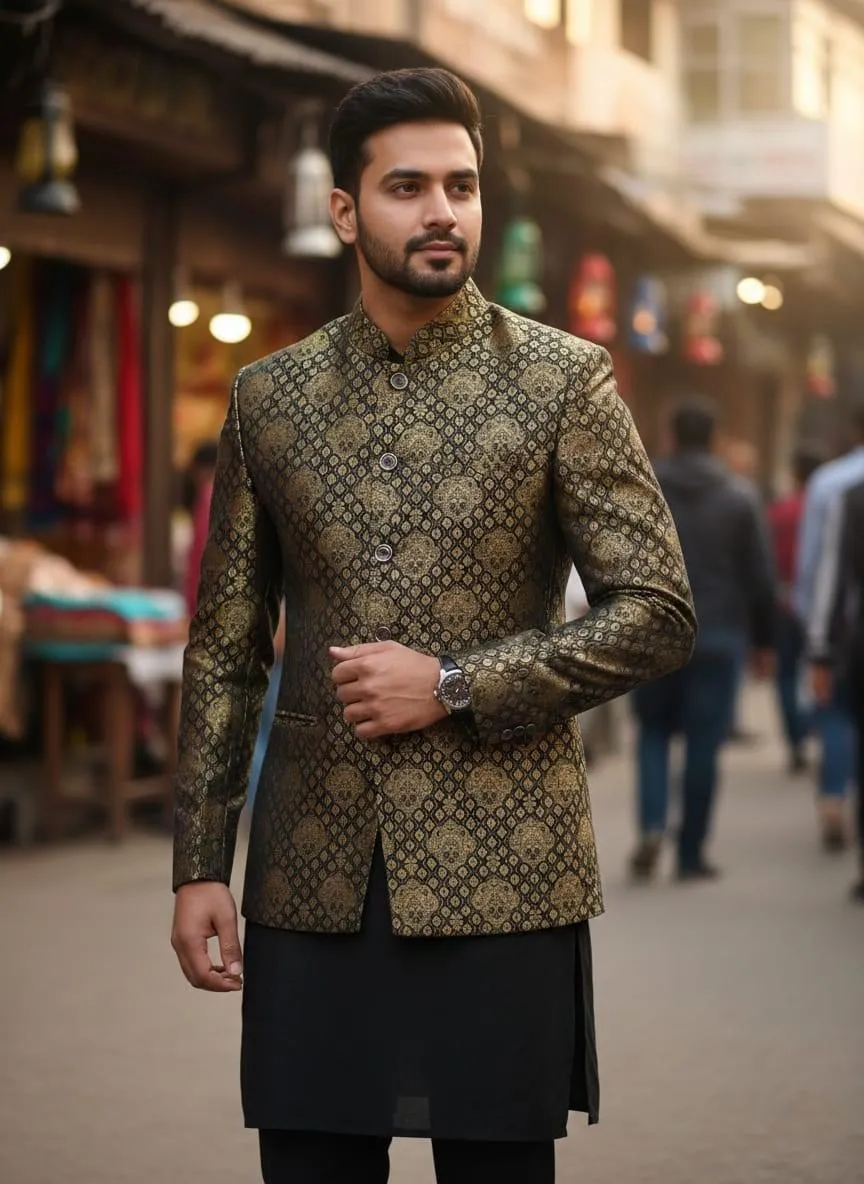 Men's Embroidered Kurta Brown Patterned Traditional Pakistani - Image 2