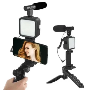 AY-49 Vlogger Kit with Microphone, LED Light, Tripod & Bluetooth Remote – Black