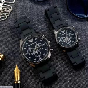 Unisex Chronograph Watch Set Stainless Steel Black Strap – 2 Pcs Couple Watches for Men & Women