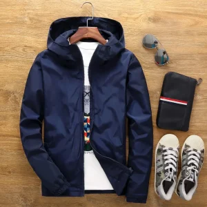 Men Hooded Windbreaker Jacket Navy Blue 4XL – Lightweight Outdoor & Casual Jacket