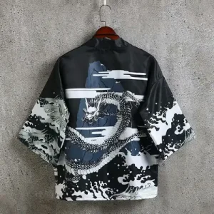 Men's Black Dragon Kimono Cardigan Summer Beach Shirt – Stylish Casual Lightweight Wear