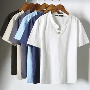 Men's Cotton Linen Henley Shirt Summer White – Lightweight Breathable Casual Wear