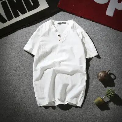 Men's Cotton Linen Henley Shirt Summer White – Lightweight Breathable Casual Wear - Image 4