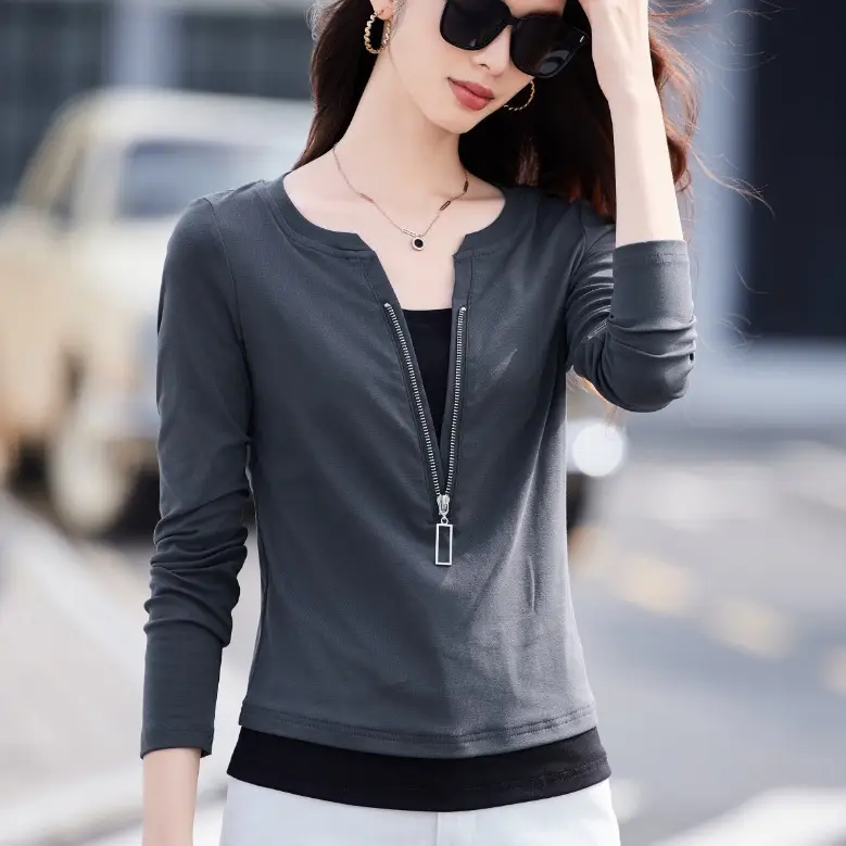 Women Cotton Zipper Long Sleeve Shirt Grey Slim Fit – Spring Autumn Casual Top - Image 6