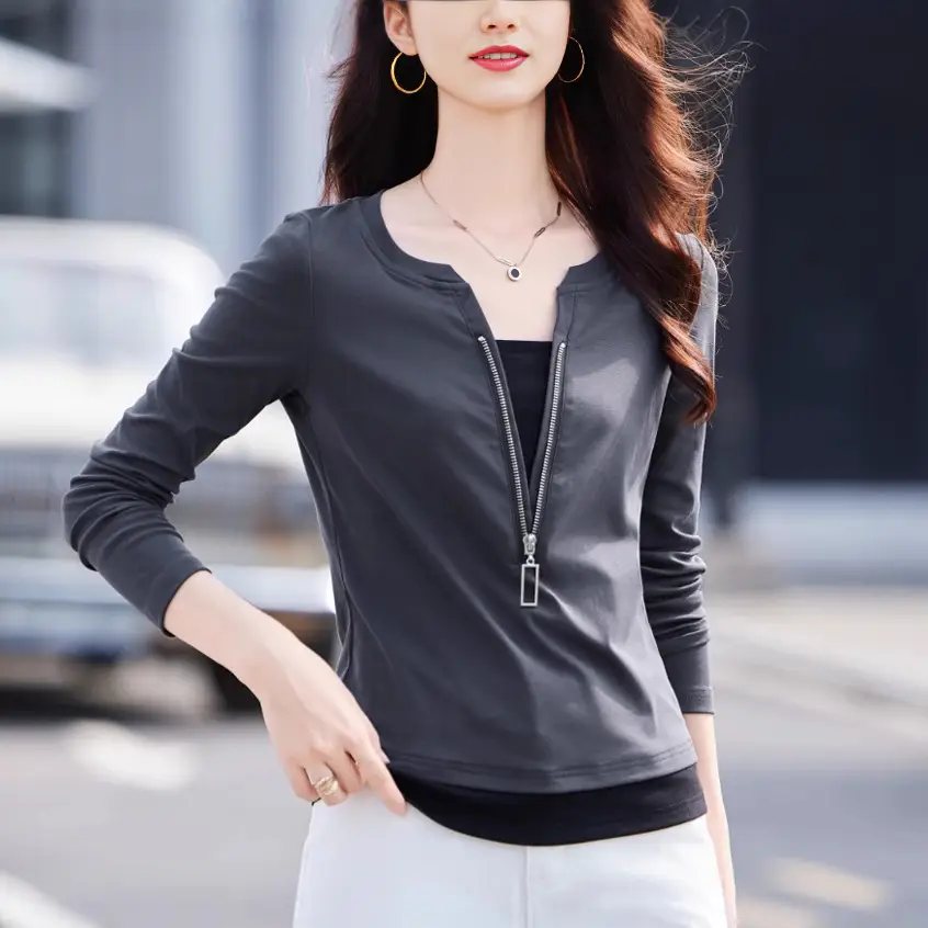 Women Cotton Zipper Long Sleeve Shirt Grey Slim Fit – Spring Autumn Casual Top - Image 4